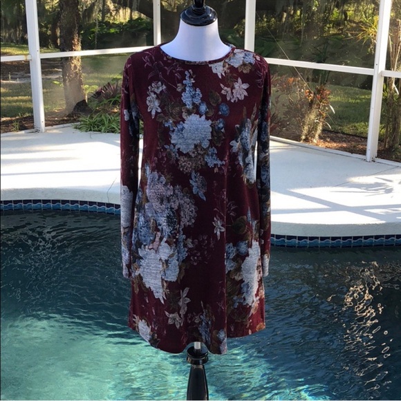Floral Long-Sleeve Swing Dress - Burgundy - Picture 3 of 5